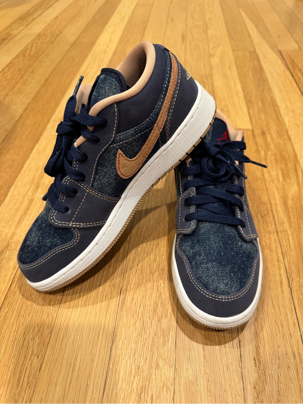 Jordan 1 Denim Low-Top Sneakers in Navy and Tan